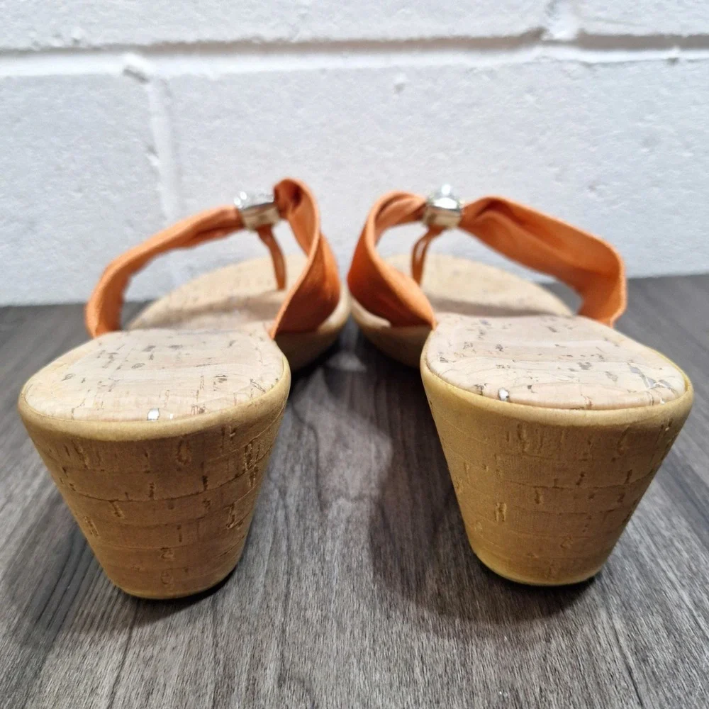 Orange Fabric Rhinestone Thong Wedge Sandals Cork Footbed Made in Italy Size 9